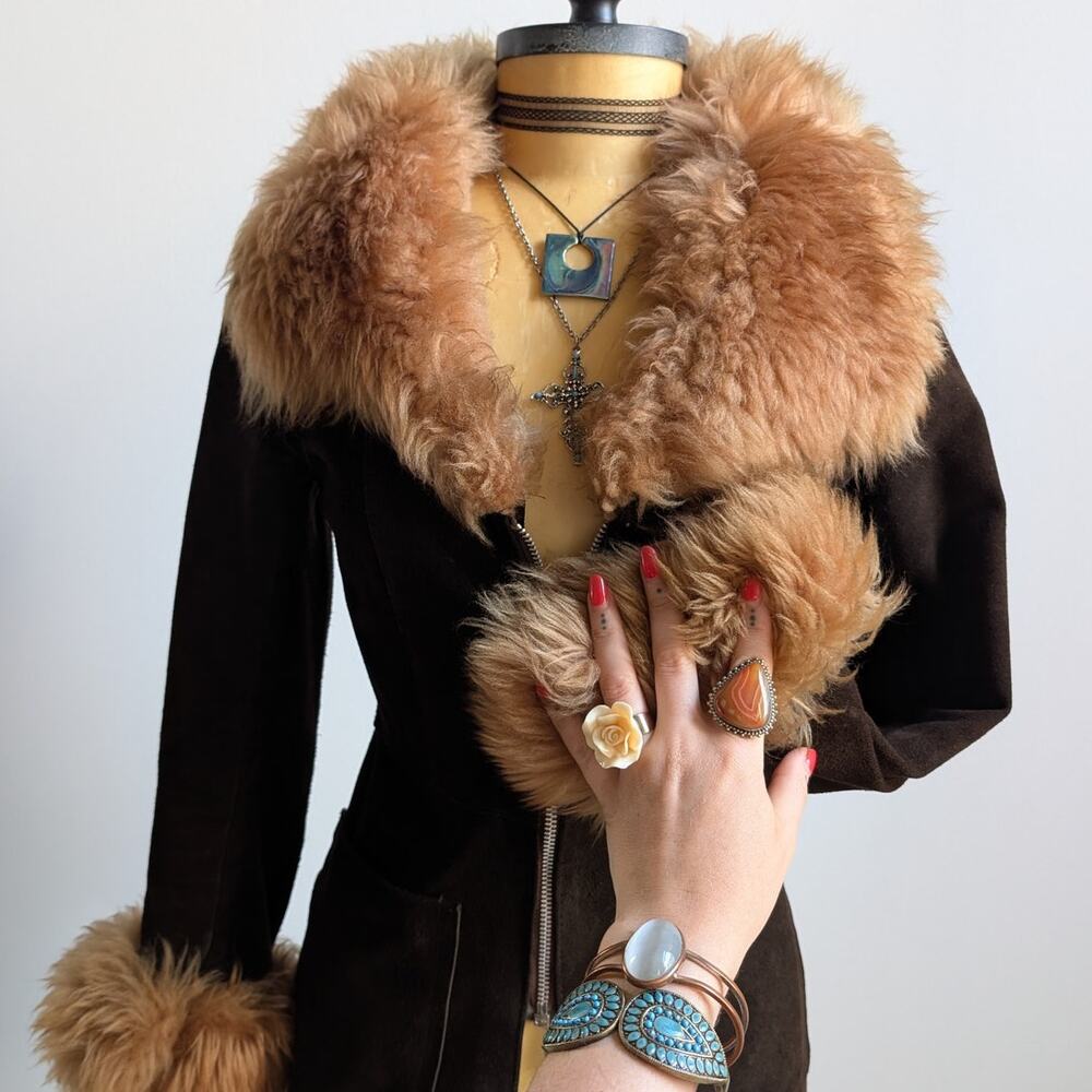 Vintage Brown Suede Penny Lane Jacket Groovy Furry 70s Leather Western Coat Smal - Picture 3 of 11